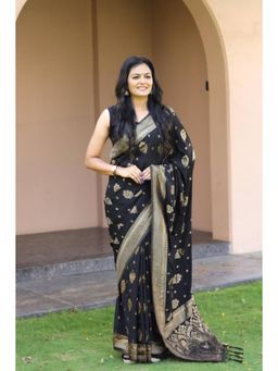 Lush Glam - Black Poly Silk Border Saree with Unstitched Blouse