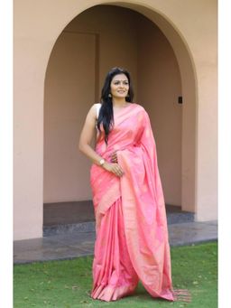 Lush Glam - Pink Poly Silk Border Saree with Unstitched Blouse