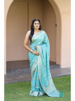 Lush Glam - Blue Poly Silk Border Saree with Unstitched Blouse