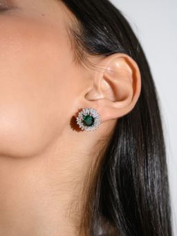 METALM - Emerald Green Cz Diamond Floral Earrings In 925 Silver