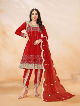 Odette - Red Art Silk Embellished Semi Stitched Kurta for Women