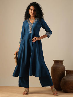 Globus - Women Teal Zari Embroidered V-Neck Panelled Anarkali Kurta with Elasticated (Set of 2)