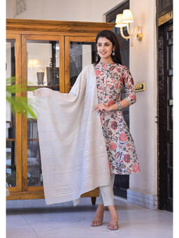 Juniper - Off White Floral Printed Silk Kurta with Sequins (Set of 3)