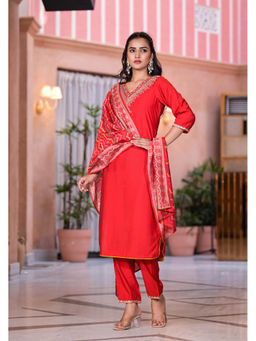 Juniper - Red Zari Embroidered Viscose Kurta with Mirror Work (Set of 3)