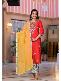 Juniper - Multi Color Floral Printed Viscose Kurta with Mirror and Thread Work (Set of 3)