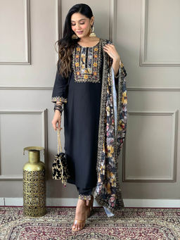 BLACK SCISSOR - Chanderi Viscose Fabric Embroidered Kurta with Bottom and Dupatta (Set of 3)