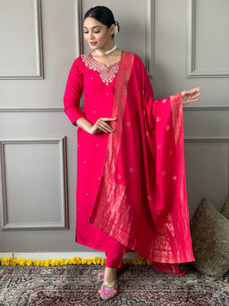 BLACK SCISSOR - Chanderi Viscose Fabric Embroidered Kurta with Bottom and Dupatta (Set of 3)
