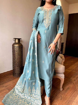BLACK SCISSOR - Chanderi Viscose Fabric Embroidered Kurta with Bottom and Dupatta (Set of 3)