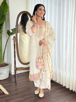 BLACK SCISSOR - Chanderi Viscose Fabric Embroidered Kurta with Bottom and Dupatta (Set of 3)