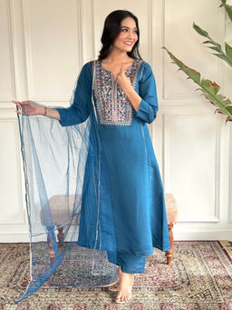 BLACK SCISSOR - Chanderi Viscose Fabric Embroidered Kurta with Bottom and Dupatta (Set of 3)