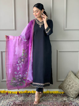BLACK SCISSOR - Chanderi Viscose Fabric Embroidered Kurta with Bottom and Dupatta (Set of 3)