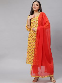 Divena - Yellow Floral Cotton Kurta Pant with Dupatta (Set of 3)