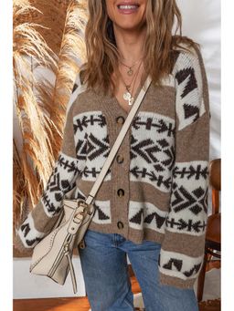 Errabelly - Brown Ethnic Geometric Pattern Button Front V Neck Sweater Cardigan
