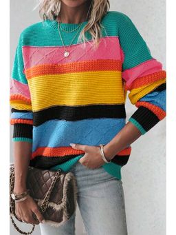 Errabelly - Multi Color Colorblock Mixed Textured Drop Shoulder Sweater