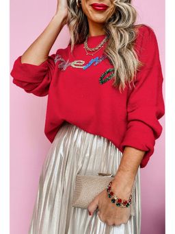 Errabelly - Fiery Red Tinsel Merry Letter Drop Shoulder Baggy Sweater