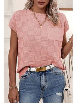 Errabelly - Pink Lattice Textured Knit Short Sleeve Sweater