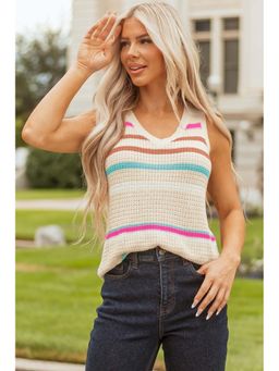 Errabelly - Beige Stripe Textured Knit V Neck Sweater Vest
