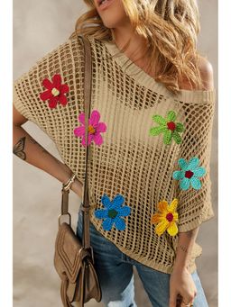 Errabelly - Light French Beige Crochet Flower Hollow-out Sweater T Shirt