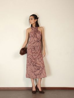 FABLE STREET - Satin Printed Sleeveless Halter Neck Dress