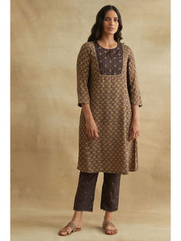 Folksong - Brown Ajrakh Print Kurta with Embroidery