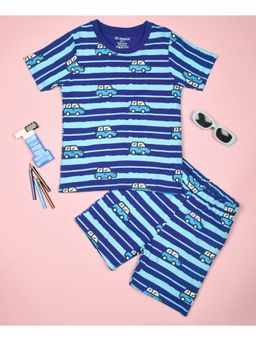 Be Awara - Half Sleeves Cotton T-shirt & Shorts Blue Car Print Dark Blue (Set of 2)