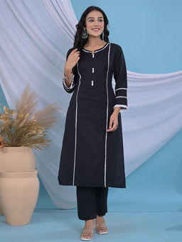 Sindh Fashion - Black Straight Kurta with Pant (Set of 2)