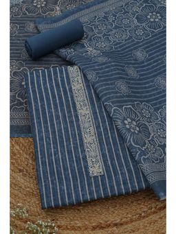 Soch - Womens Indigo Linen Dress Material with Floral Print Sequins