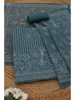 Soch - Womens Teal Blue Linen Dress Material with Floral Print Sequins