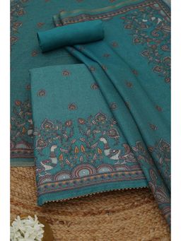 Soch - Womens Teal Linen Shimmer Dress Material with Botanical Sequins