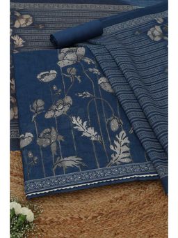Soch - Womens Blue Linen Dress Material with Floral Print Sequins