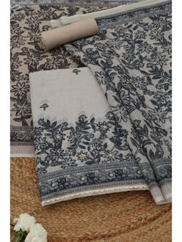 Soch - Womens White Linen Dress Material with Floral Print Sequins
