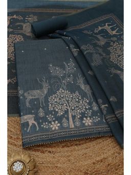 Soch - Womens Teal Linen Shimmer Dress Material with Botanical Sequins