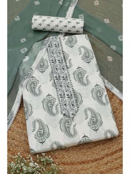 Soch - Womens Green Cotton Dress Material with Paisley Print Beads