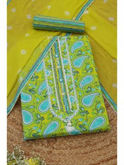 Soch - Womens Light Green Cotton Dress Material with Paisley Print Beads