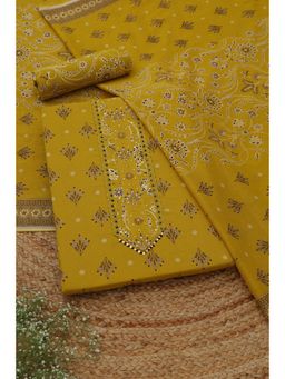 Soch - Womens Mustard Cotton Dress Material with Floral Print Cutdana