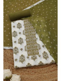 Soch - Womens Olive Cotton Dress Material with Floral Print Faux Mirror and Sequins