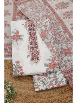 Soch - Womens Peach Cotton Dress Material with Floral Print Beads