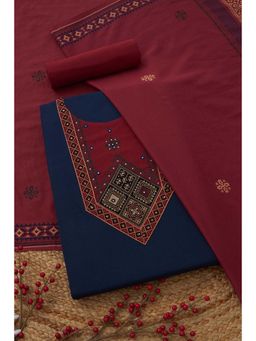 Soch - Womens Navy Blue Cotton Dress Material with Ethnic Motifs Faux Mirror