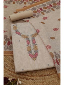 Soch - Womens Beige Linen Dress Material with Botanical Thread Work