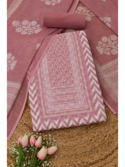 Soch - Womens Onion Pink Linen Dress Material with Abstract Print Faux Mirror