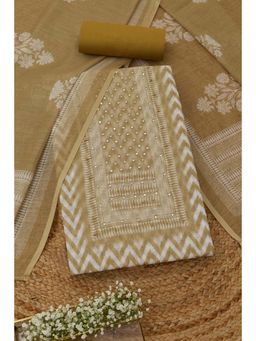 Soch - Womens Olive Linen Dress Material with Printed Print Faux Mirror