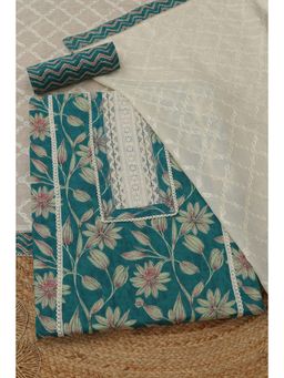 Soch - Womens Teal Green Cotton Dress Material with Floral Print Lace