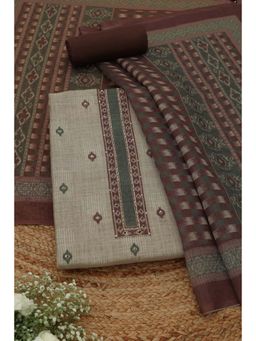 Soch - Womens Beige Linen Dress Material with Ethnic Motifs Sequins