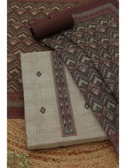 Soch - Womens Beige Linen Dress Material with Geometric Print Sequins