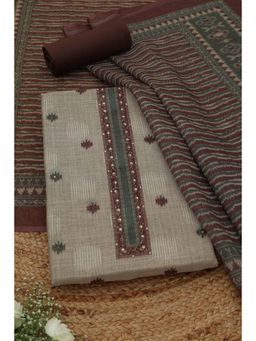 Soch - Womens Beige Linen Dress Material with Abstract Print Sequins