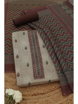 Soch - Womens Rust Linen Dress Material with Abstract Print Sequins