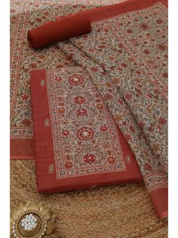 Soch - Womens Rust Linen Shimmer Dress Material with Floral Print Sequins