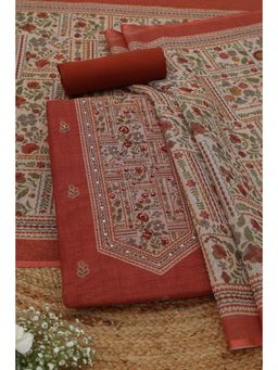Soch - Womens Rust Linen Shimmer Dress Material with Floral Print Sequins