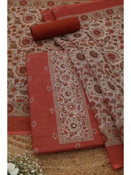 Soch - Womens Rust Linen Shimmer Dress Material with Floral Print Sequins