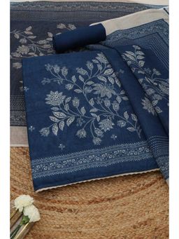 Soch - Womens Navy Blue Linen Dress Material with Floral Print Sequins